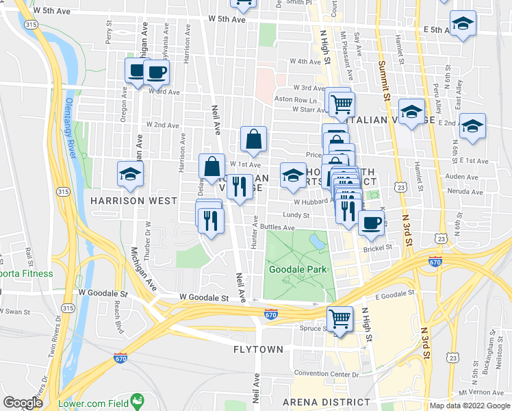 map of restaurants, bars, coffee shops, grocery stores, and more near Hunter Ave & W Hubbard Ave in Columbus