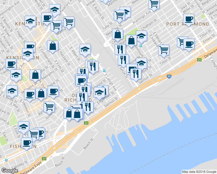 map of restaurants, bars, coffee shops, grocery stores, and more near 2662 East Thompson Street in Philadelphia
