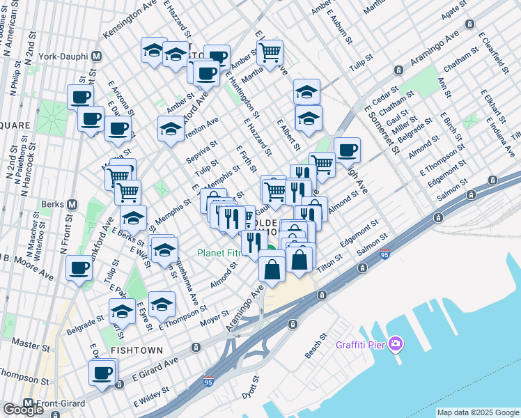 map of restaurants, bars, coffee shops, grocery stores, and more near 2446 East Cumberland Street in Philadelphia