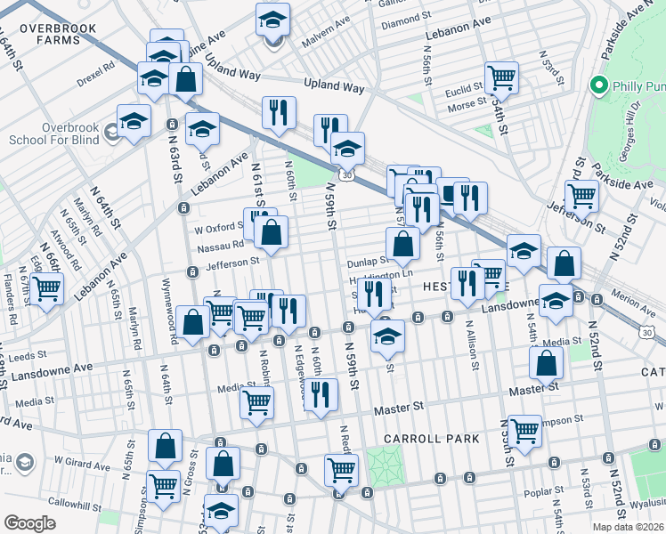 map of restaurants, bars, coffee shops, grocery stores, and more near 1720 North Redfield Street in Philadelphia
