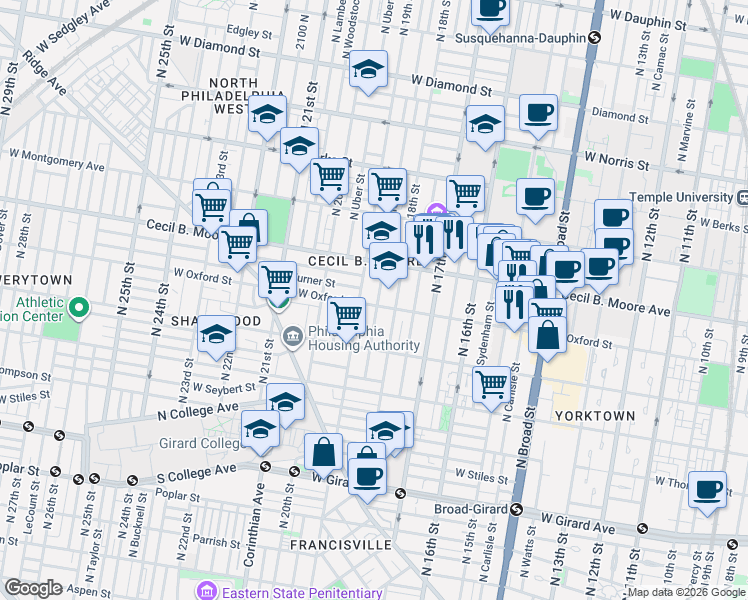 map of restaurants, bars, coffee shops, grocery stores, and more near 1540 North 18th Street in Philadelphia