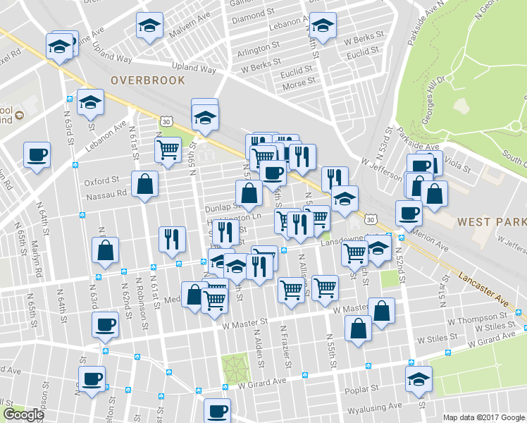 map of restaurants, bars, coffee shops, grocery stores, and more near 5633 Haddington Lane in Philadelphia