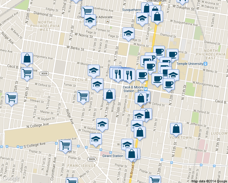 map of restaurants, bars, coffee shops, grocery stores, and more near 1612 North Willington Street in Philadelphia