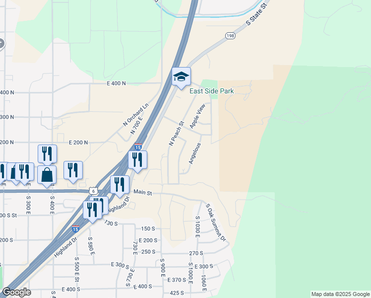 map of restaurants, bars, coffee shops, grocery stores, and more near 151 North Angelous Drive in Santaquin