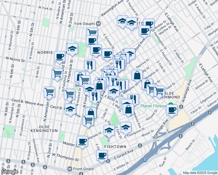map of restaurants, bars, coffee shops, grocery stores, and more near in Philadelphia