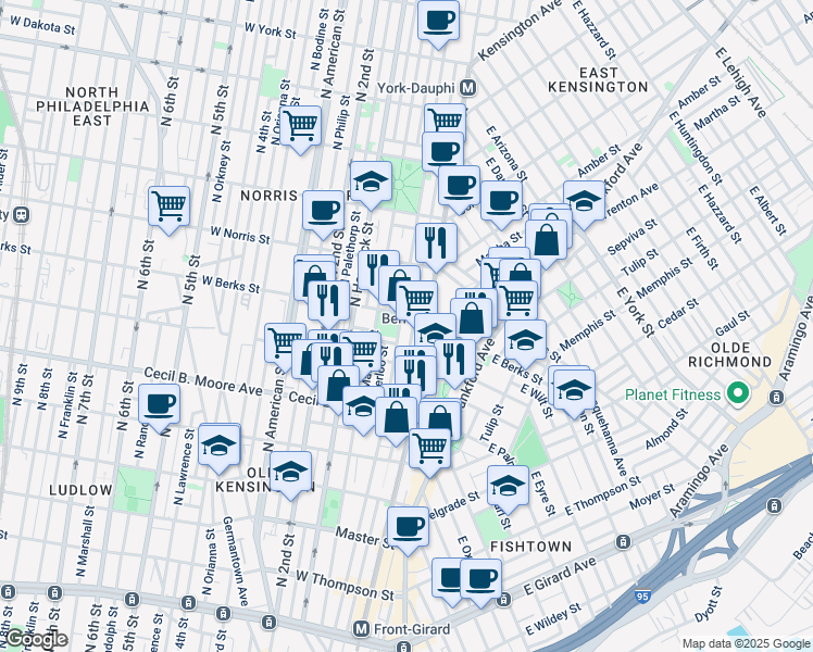 map of restaurants, bars, coffee shops, grocery stores, and more near 131 West Wilt Street in Philadelphia