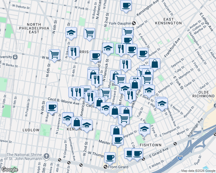 map of restaurants, bars, coffee shops, grocery stores, and more near 1821 North Hancock Street in Philadelphia