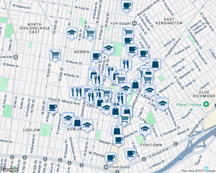 map of restaurants, bars, coffee shops, grocery stores, and more near 1821 North Hancock Street in Philadelphia