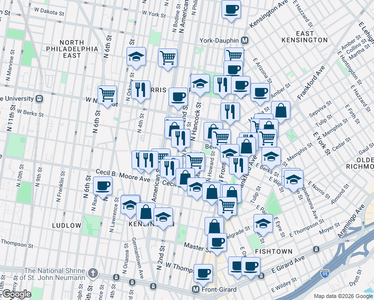 map of restaurants, bars, coffee shops, grocery stores, and more near 1821 North Hancock Street in Philadelphia