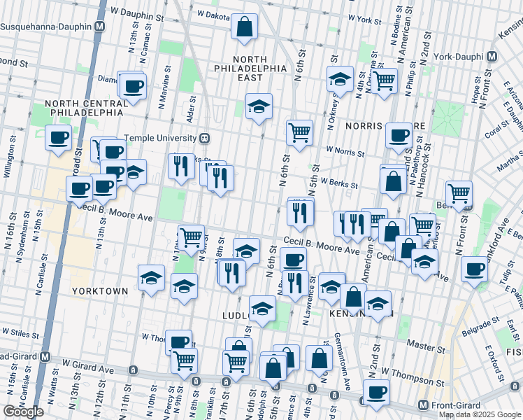 map of restaurants, bars, coffee shops, grocery stores, and more near 1740 North 6th Street in Philadelphia