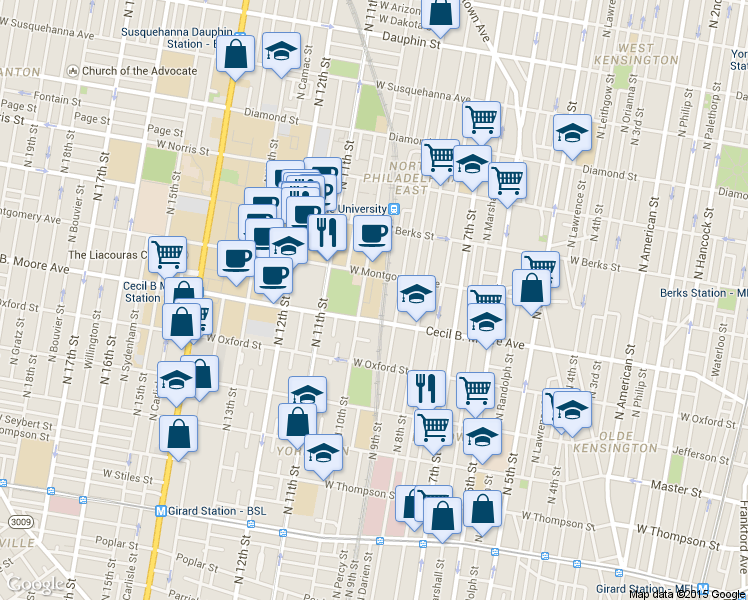 map of restaurants, bars, coffee shops, grocery stores, and more near 1701-19 North 10th Street in Philadelphia