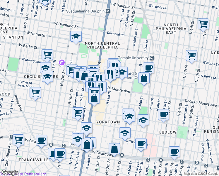map of restaurants, bars, coffee shops, grocery stores, and more near 1300 Cecil B. Moore Avenue in Philadelphia