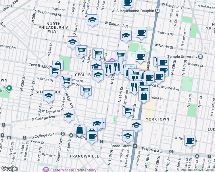 map of restaurants, bars, coffee shops, grocery stores, and more near 1715 West Oxford Street in Philadelphia