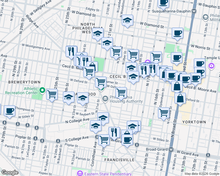 map of restaurants, bars, coffee shops, grocery stores, and more near 1542 North 20th Street in Philadelphia