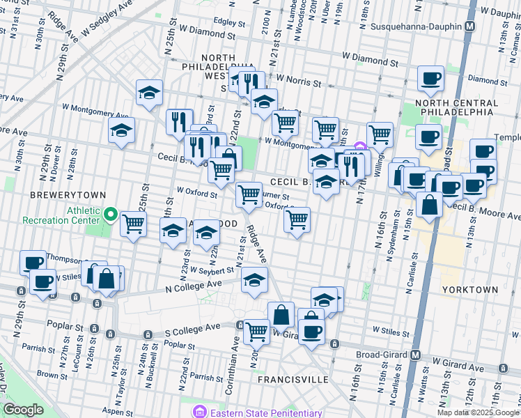 map of restaurants, bars, coffee shops, grocery stores, and more near 2041 Redner Street in Philadelphia