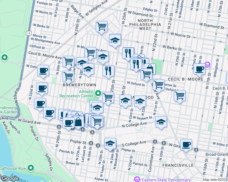 map of restaurants, bars, coffee shops, grocery stores, and more near 2444 Nassau Street in Philadelphia