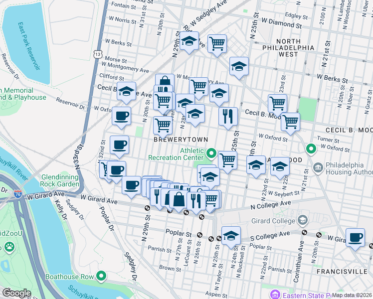 map of restaurants, bars, coffee shops, grocery stores, and more near 1434 North Etting Street in Philadelphia