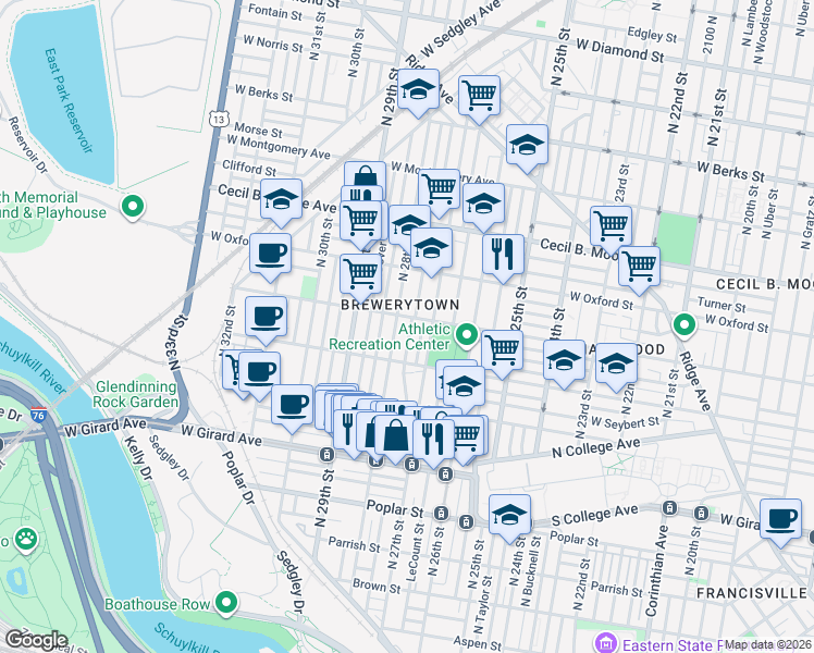 map of restaurants, bars, coffee shops, grocery stores, and more near 1434 North Etting Street in Philadelphia