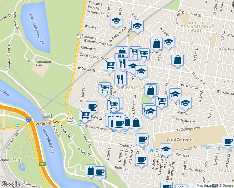 map of restaurants, bars, coffee shops, grocery stores, and more near 1432 North 29th Street in Philadelphia