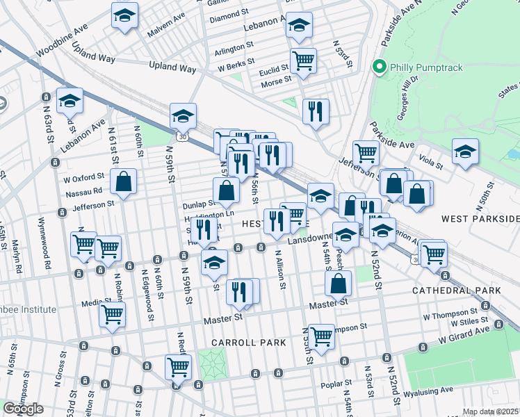 map of restaurants, bars, coffee shops, grocery stores, and more near 5601 Stewart Street in Philadelphia