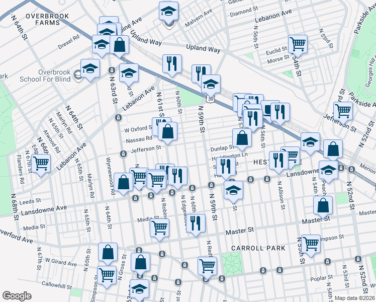 map of restaurants, bars, coffee shops, grocery stores, and more near 1720 North Redfield Street in Philadelphia