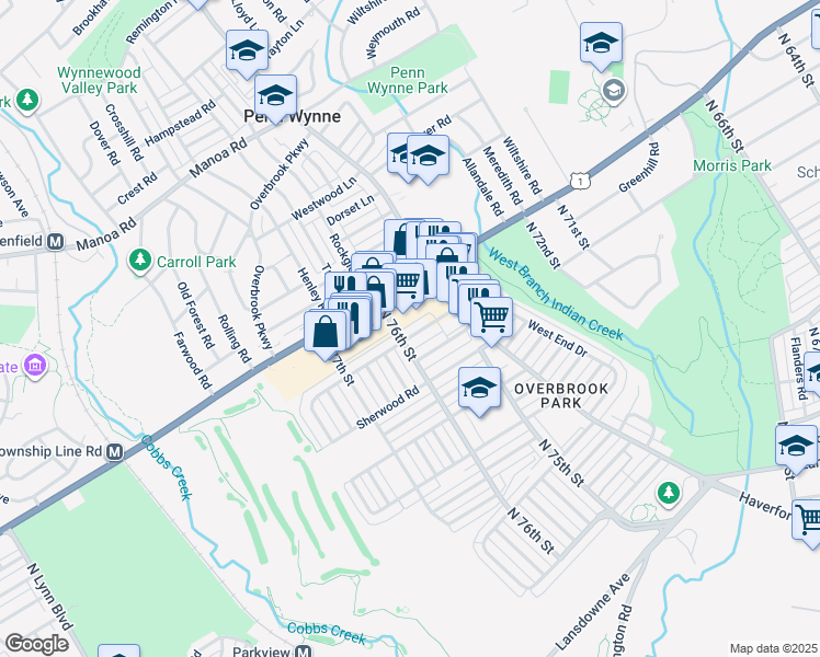 map of restaurants, bars, coffee shops, grocery stores, and more near 7551 Overbrook Avenue in Philadelphia