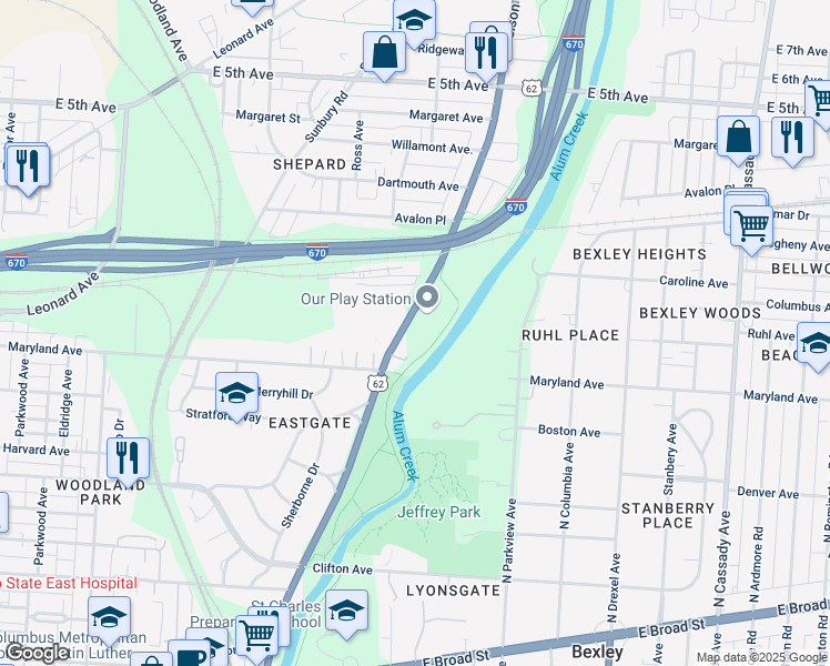 map of restaurants, bars, coffee shops, grocery stores, and more near 500 North Nelson Road in Columbus
