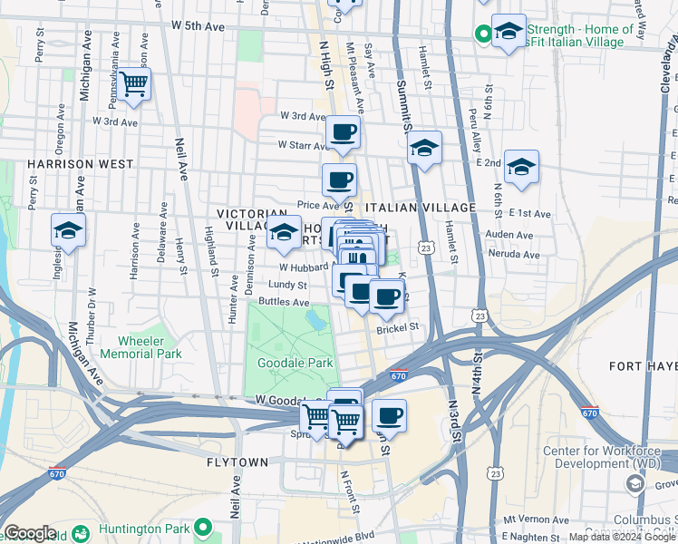 map of restaurants, bars, coffee shops, grocery stores, and more near 765 North High Street in Columbus