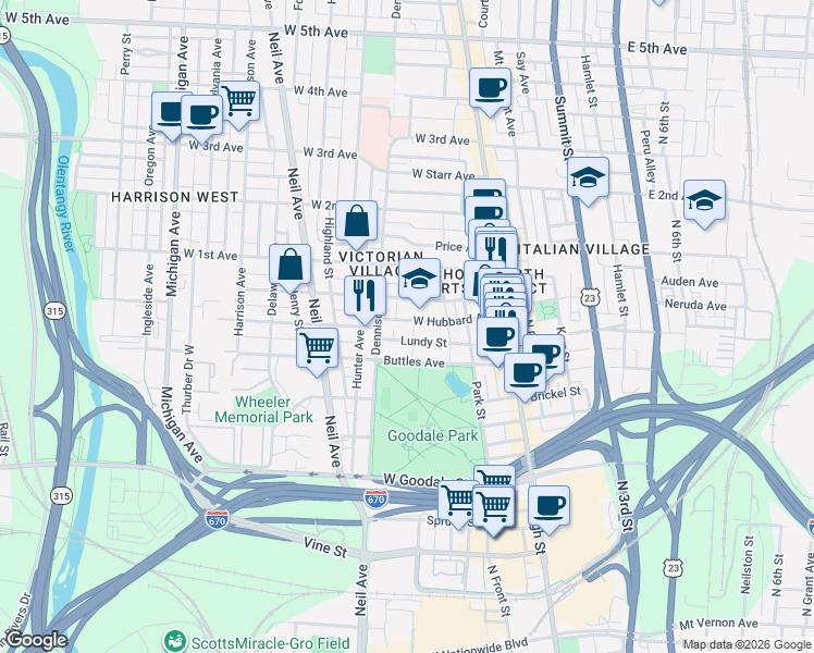 map of restaurants, bars, coffee shops, grocery stores, and more near 178 Buttles Avenue in Columbus
