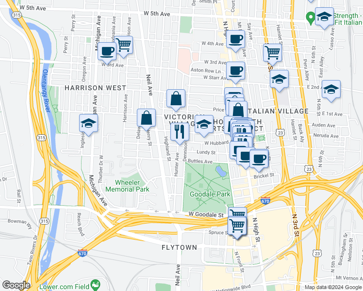 map of restaurants, bars, coffee shops, grocery stores, and more near 221 West Hubbard Avenue in Columbus