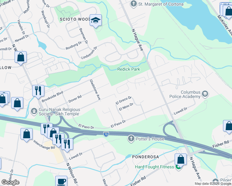 map of restaurants, bars, coffee shops, grocery stores, and more near 3487 Plainview Drive in Columbus