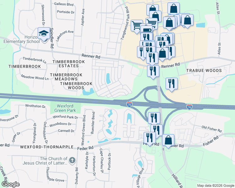 map of restaurants, bars, coffee shops, grocery stores, and more near 5632 Long Branch Place in Columbus