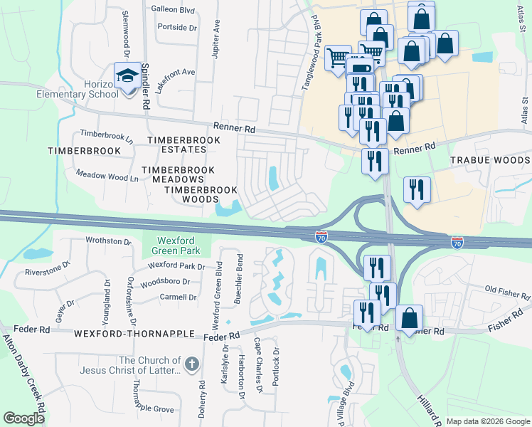 map of restaurants, bars, coffee shops, grocery stores, and more near 5706 Alliance Way in Columbus