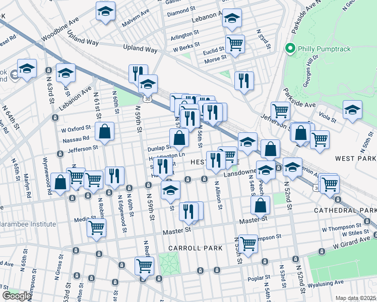 map of restaurants, bars, coffee shops, grocery stores, and more near 5635 Haddington Lane in Philadelphia