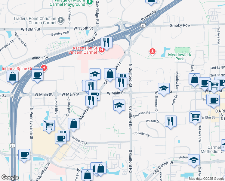 map of restaurants, bars, coffee shops, grocery stores, and more near 902 West Main Street in Carmel