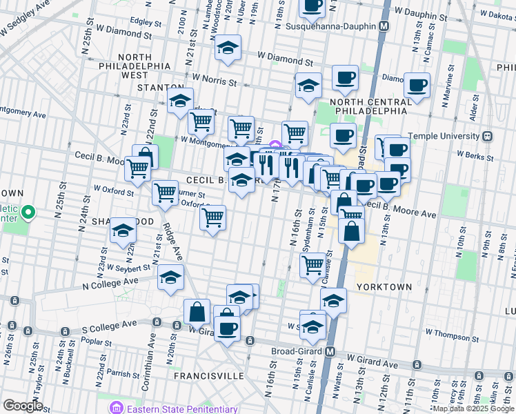 map of restaurants, bars, coffee shops, grocery stores, and more near 1606 North Bouvier Street in Philadelphia