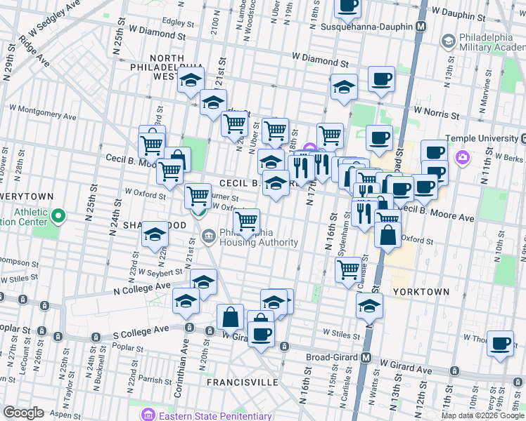 map of restaurants, bars, coffee shops, grocery stores, and more near 1540 North 18th Street in Philadelphia