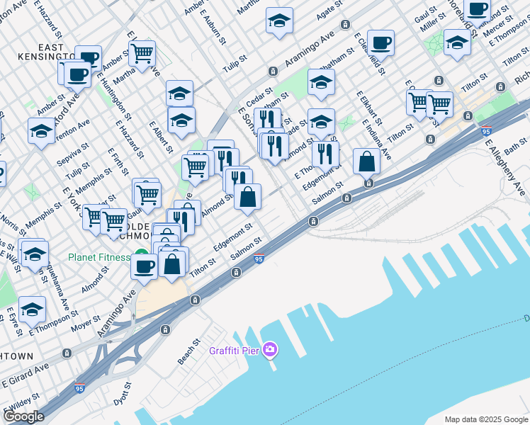 map of restaurants, bars, coffee shops, grocery stores, and more near 2714 Edgemont Street in Philadelphia