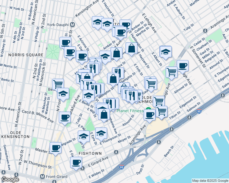 map of restaurants, bars, coffee shops, grocery stores, and more near 2338 East Gordon Street in Philadelphia