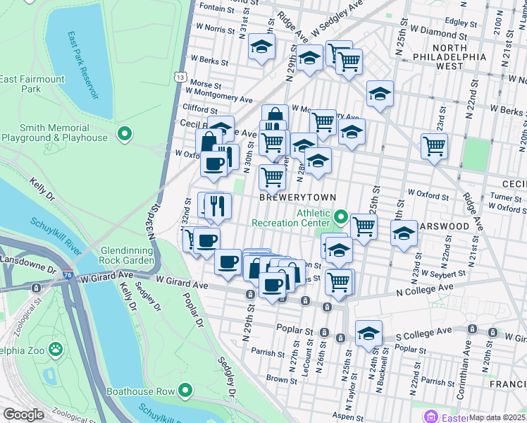 map of restaurants, bars, coffee shops, grocery stores, and more near 1432 North 29th Street in Philadelphia