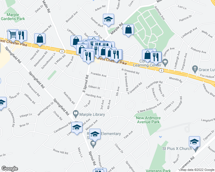 map of restaurants, bars, coffee shops, grocery stores, and more near 83 3rd Avenue in Broomall