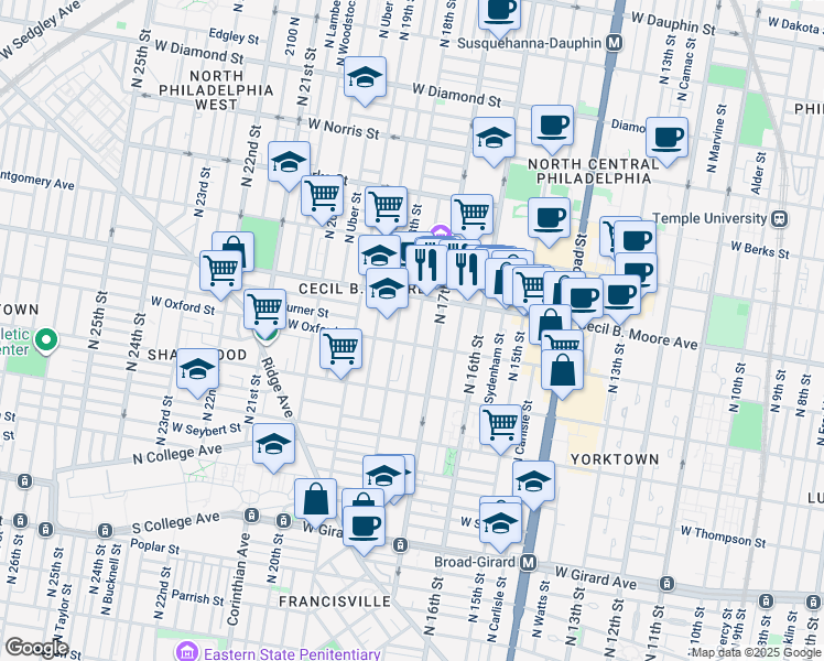 map of restaurants, bars, coffee shops, grocery stores, and more near 1606 North Bouvier Street in Philadelphia