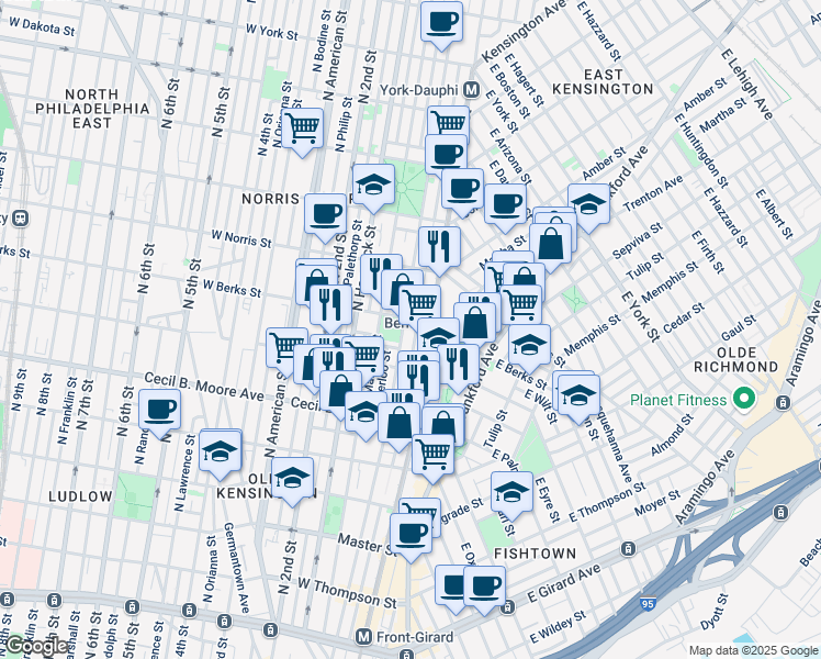 map of restaurants, bars, coffee shops, grocery stores, and more near 131 West Wilt Street in Philadelphia