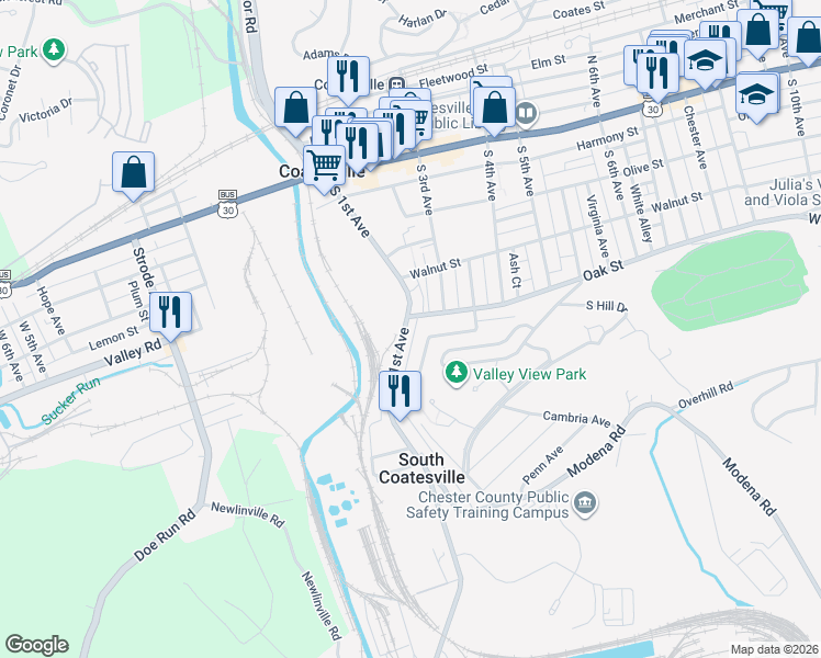 map of restaurants, bars, coffee shops, grocery stores, and more near 331 South 1st Avenue in Coatesville