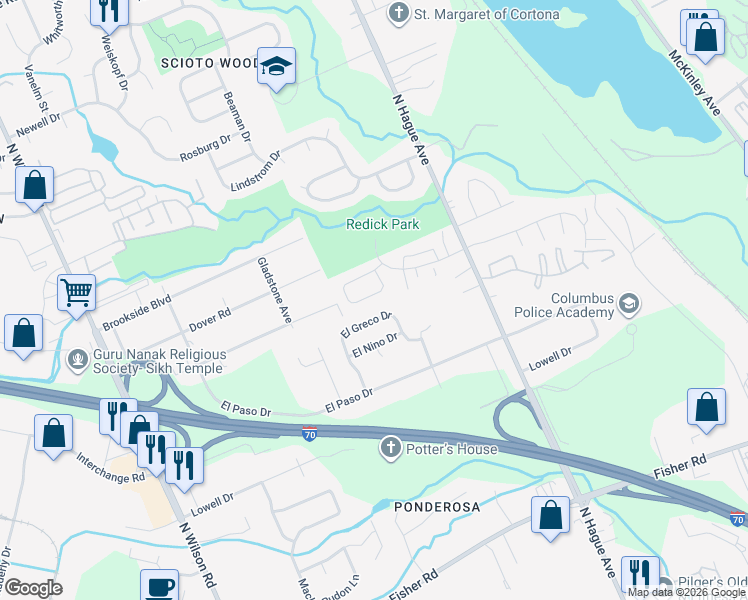 map of restaurants, bars, coffee shops, grocery stores, and more near 3249 Colony Vista Lane in Columbus