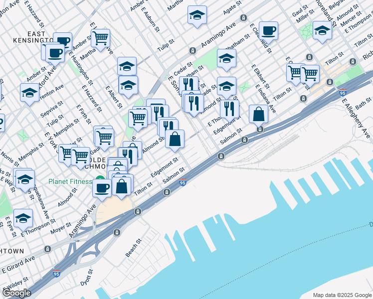 map of restaurants, bars, coffee shops, grocery stores, and more near 2714 Edgemont Street in Philadelphia