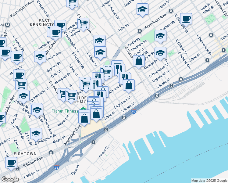 map of restaurants, bars, coffee shops, grocery stores, and more near 2625 Almond Street in Philadelphia