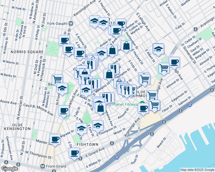 map of restaurants, bars, coffee shops, grocery stores, and more near 2335 East Dauphin Street in Philadelphia