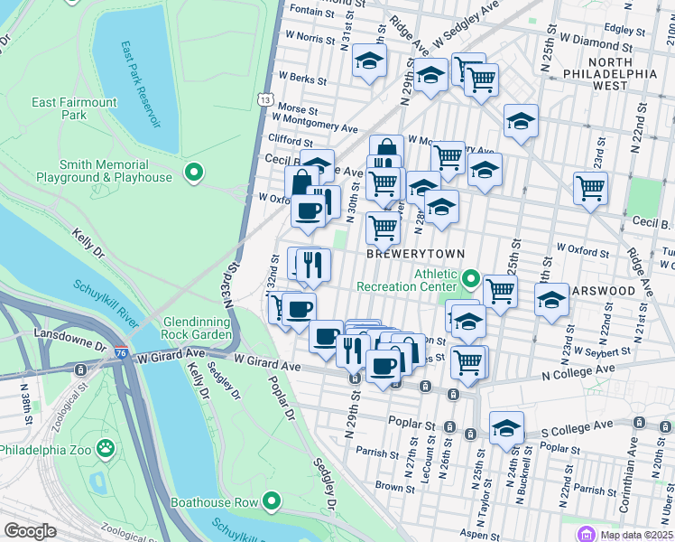 map of restaurants, bars, coffee shops, grocery stores, and more near 1426 North 30th Street in Philadelphia