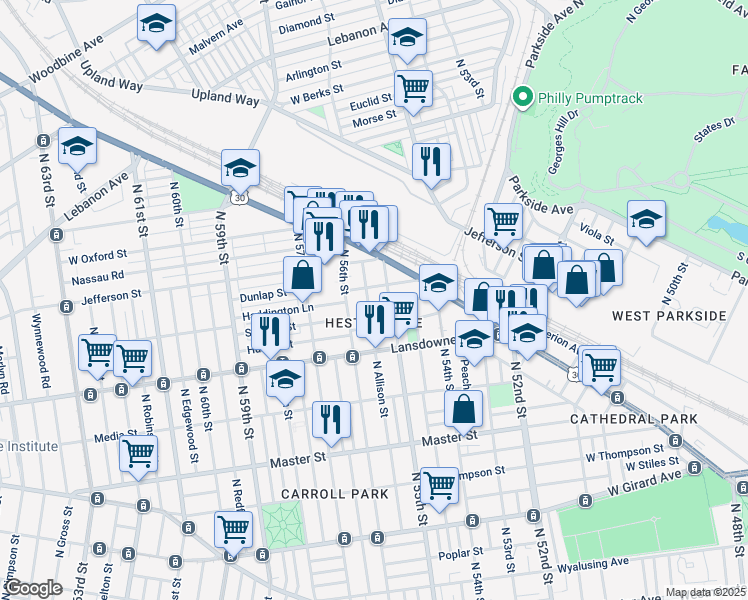 map of restaurants, bars, coffee shops, grocery stores, and more near 1665 North Allison Street in Philadelphia